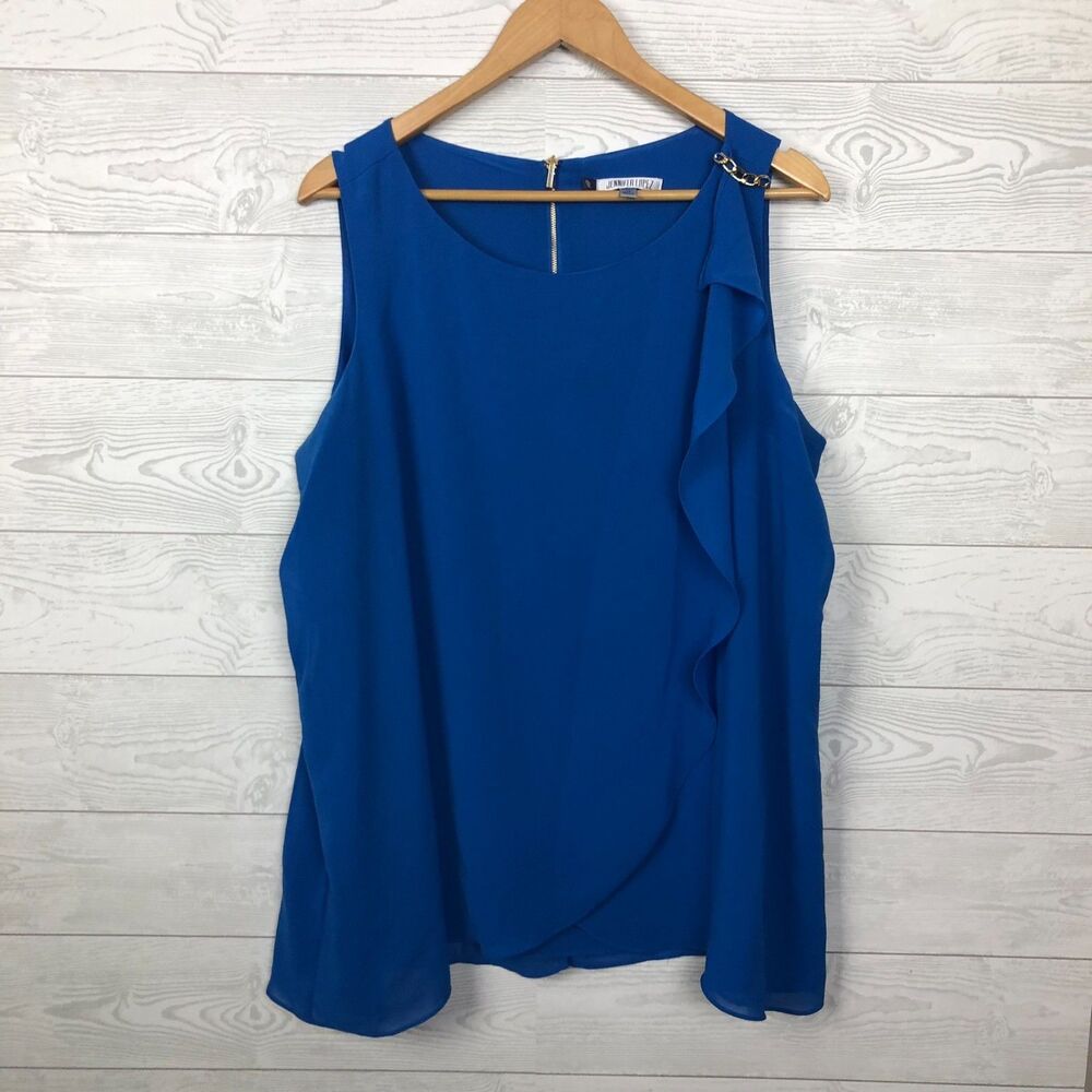 Jennifer Lopez Women's 1X Scoop Neck Tank Top Ruffle Front Zip Back Solid Blue
